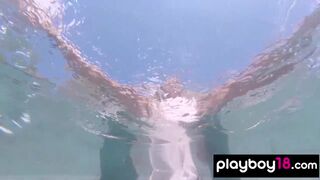 Petite Russian beauty Katya Clover showing her shaved pussy under the water