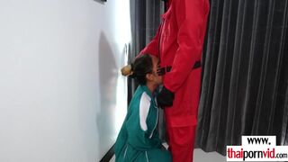 Skinny amateur Thai teen Cherry penalized by a big white cocked guard