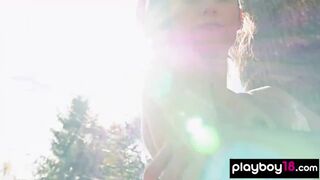 Acrobatic all natural brunette babe Alexandra Belle stripping in the woods