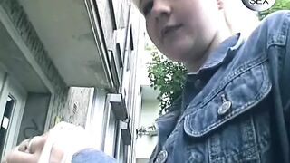 Amateur German blonde plays with her shaved cunt