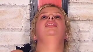 Fat German blonde rides big dildos in hot BDSM action
