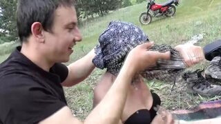 Skillful German granny making a young dude happy in the field