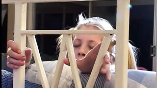 Naughty blonde teen slides thick dildo up her tight pussy