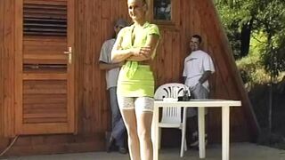 German slut with blonde hair pleasing a dude with sexy pantyhose and shaved pussy